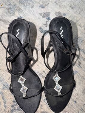 Nina Black Strappy Sandals with Square Rhinestone Accents